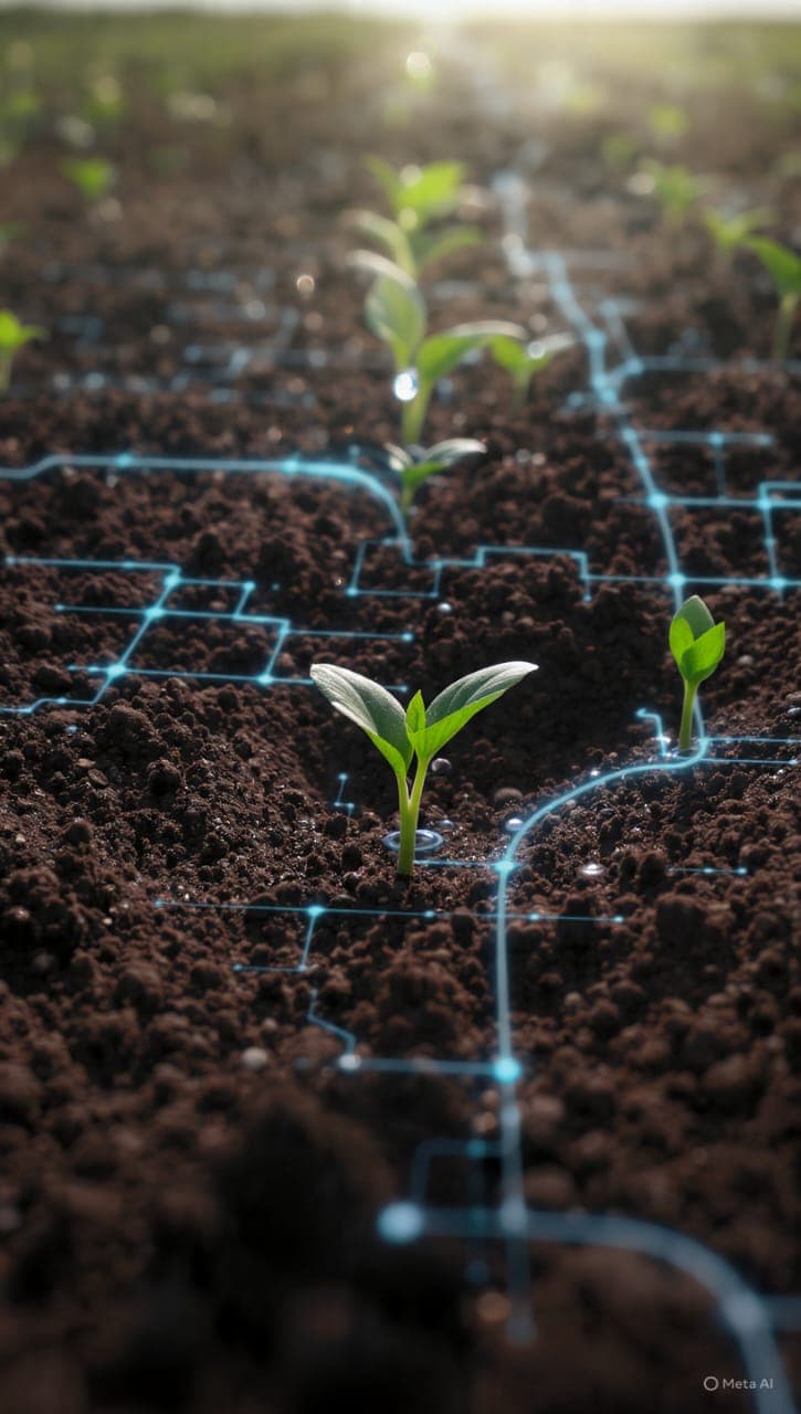 A young plant emerging from rich, healthy soil.